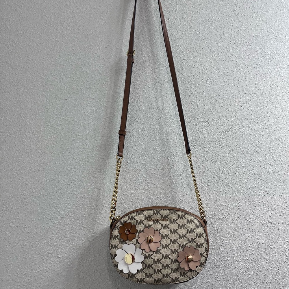 Michael Kors Beige MK Logo Floral Appliqué Crossbody
